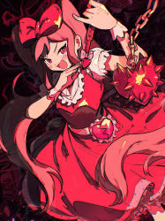 Rule 34 | 1girl, absurdres, blush, bow, broken heart, chain, dress, evil smile, hair bow, hand up, heart, highres, holding, holding weapon, inari1369, long hair, looking at viewer, mace, omori, open mouth, pink eyes, pink hair, puffy sleeves, red bow, red dress, shirt, short sleeves, smile, spikes, sweetheart (omori), twintails, weapon, white shirt