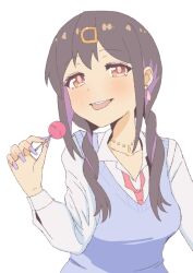 Rule 34 | 1girl, black hair, blue vest, brown eyes, candy, collarbone, commentary, earrings, fingernails, food, gyaru, hair ornament, hairclip, holding, holding candy, holding food, holding lollipop, jewelry, light blush, lollipop, long fingernails, long hair, looking at viewer, low twintails, multicolored hair, nail polish, necklace, onii-chan wa oshimai!, oyama mihari, purple hair, purple nails, shirt, simple background, solo, tama go, tongue, tongue out, twintails, two-tone hair, upper body, vest, white background, white shirt