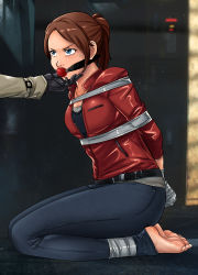 Rule 34 | 1girl, absurdres, ball gag, blue eyes, bound, bound ankles, bound torso, bound wrists, breasts, brown eyes, brown hair, capcom, claire redfield, gag, gagged, hand on another&#039;s chin, highres, legs, lost one zero, medium breasts, resident evil, resident evil 2, seiza, shirt, shorts, sitting, sweat, thighs