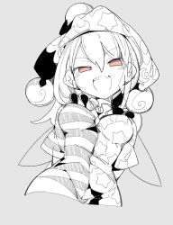 Rule 34 | 1girl, american flag dress, arms behind back, blush, clownpiece, crescent, cropped torso, fairy wings, grey background, hat, highres, jester cap, long hair, looking at viewer, massakasama, monochrome, neck ruff, open mouth, pink eyes, sharp teeth, short sleeves, simple background, smile, solo, spot color, star (symbol), teeth, touhou, upper body, wings