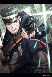 Rule 34 | 1boy, absurdres, arisaka, artist name, bad id, bad pixiv id, bayonet, black hair, blue coat, blue hat, blue pants, bolt action, boots, brown footwear, buzz cut, coat, commentary request, facial hair, facing viewer, frown, golden kamuy, grey hair, gun, hat, highres, holding, holding gun, holding weapon, hood, hood down, imperial japanese army, indoors, kepi, letterboxed, long sleeves, looking away, male focus, menma kozo, military, military hat, military uniform, pants, parted lips, rifle, short hair, solo, sparkle, star (symbol), stubble, tsukishima hajime, two-tone headwear, uniform, very short hair, weapon, yellow hat