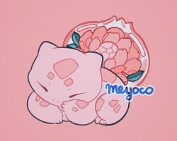 Rule 34 | 1other, absurdres, bulbasaur, closed eyes, creatures (company), flower, game freak, gen 1 pokemon, hand on own face, highres, lying, meyoco, nintendo, no humans, peony (flower), pink background, pink flower, pink scales, pink theme, pokemon, pokemon (creature), signature