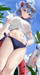 Rule 34 | 2girls, absurdres, ako (blue archive), ass, bikini, blue archive, blue bikini, blue eyes, blue hair, blush, breasts, closed mouth, day, foreshortening, from below, grey hair, groin, haerge, hand on own hip, highres, iori (blue archive), iori (swimsuit) (blue archive), large breasts, long hair, multiple girls, navel, official alternate costume, outdoors, shirt, short sleeves, small breasts, swimsuit, twintails, white shirt