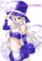Rule 34 | 1girl, bandeau, bare shoulders, breasts, capcom, capcom fighting jam, cleavage, coco (eccentricrouge), detached collar, detached sleeves, frills, groin, hat, ingrid (capcom), long hair, midnight bliss, midriff, navel, no legs, red eyes, small breasts, solo, thighhighs, top hat, white hair, zettai ryouiki
