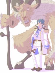 Rule 34 | 2boys, baphomet, baphomet (ragnarok online), black shirt, blue hair, blue neckerchief, character request, clenched teeth, coat, coat on shoulders, commentary request, crossed arms, eyewear on head, full body, furry, furry male, goat, green eyes, highres, holding, holding scythe, jacket, looking at viewer, monster, multiple boys, neckerchief, pants, ragnarok online, ragnarok origin, saba (loki), sailor collar, scythe, shirt, simple background, standing, teeth, v-shaped eyebrows, white background, white coat, white jacket, white pants, yellow-framed eyewear