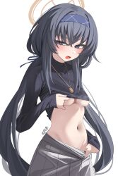Rule 34 | 1girl, absurdres, artist name, black eyes, black hair, black shirt, blue archive, blue hairband, blush, breasts, hair between eyes, hairband, halo, highres, jewelry, long hair, medium breasts, navel, open mouth, pendant, pleated skirt, rirua (kjom802), shirt, signature, simple background, skirt, sleeves past wrists, solo, ui (blue archive), underboob, white background, white skirt