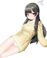 Rule 34 | 1girl, absurdres, black hair, cowboy shot, dated, hair ribbon, highres, isokaze (kancolle), kantai collection, long hair, looking at viewer, lying, maru (marg0613), on side, one-hour drawing challenge, panties, red eyes, ribbon, simple background, smile, solo, sweater, tress ribbon, twitter username, underwear, white background, white panties, yellow sweater