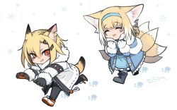 Rule 34 | 2girls, ^ ^, alternate costume, animal ears, arknights, artist name, birb b304, black footwear, black gloves, black legwear, blouse, blue coat, blue hairband, blue shirt, blush, boots, chibi, closed eyes, coat, commentary, english commentary, closed eyes, footprints, fox ears, fox girl, fox tail, fur-trimmed coat, fur trim, gloves, hair between eyes, hair ornament, hairband, hairclip, happy, highres, infection monitor (arknights), kitsune, kyuubi, looking at viewer, multicolored hair, multiple girls, multiple tails, notched ear, open clothes, open coat, orange eyes, pantyhose, paw print, running, shirt, short hair, snowflake background, snowflakes, streaked hair, suzuran (arknights), tail, vermeil (arknights), white background, white coat, white gloves, white hair, winter clothes, winter coat