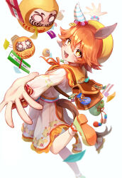 Rule 34 | + +, 1girl, absurdres, animal ears, backpack, bag, bead bracelet, beads, blush, bracelet, brown bag, charm (object), commentary request, commission, daruma doll, dress, ear covers, ear ornament, ema, flipped hair, foot out of frame, four-leaf clover necklace, hair between eyes, highres, horse ears, horse girl, horse tail, jewelry, leg up, long sleeves, looking at viewer, matikanefukukitaru (good omen first storm) (umamusume), matikanefukukitaru (umamusume), necklace, official alternate costume, open mouth, orange dress, orange hair, outstretched arms, sekiyu inu, short hair, simple background, single ear cover, skeb commission, smile, socks, solo, tail, umamusume, white background, white socks, yellow eyes, yellow headwear