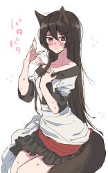 Rule 34 | 1girl, animal ears, bare shoulders, black hair, blush, brooch, commentary request, fingernails, flying sweatdrops, frills, hair between eyes, hands up, highres, hot, imaizumi kagerou, jewelry, long hair, long sleeves, nail polish, namauni, off-shoulder shirt, off shoulder, one-hour drawing challenge, red eyes, red nails, red skirt, sharp fingernails, shirt, simple background, sitting, skirt, sleeves rolled up, solo, sweat, tail, touhou, translated, very long hair, white background, white shirt, wolf ears, wolf tail