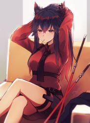 Rule 34 | 1girl, animal ears, arknights, black hair, black neckwear, black shorts, breasts, commentary request, couch, ear piercing, energy sword, feet out of frame, hair between eyes, highres, crossed legs, long hair, looking at viewer, medium breasts, mouth hold, nanatsuka, official alternate costume, piercing, red eyes, red shirt, shirt, shorts, sitting, solo, sword, texas (arknights), texas (willpower) (arknights), thigh strap, tying hair, weapon, wolf ears