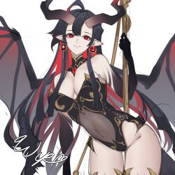 Rule 34 | 1girl, antenna hair, bat wings, black hair, black leotard, breasts, cleavage, commentary, demon girl, demon horns, detached collar, earrings, english commentary, hair between eyes, horns, jewelry, leotard, long hair, looking at viewer, original, pointy ears, red eyes, rohioart, signature, simple background, smile, solo, white background, wings