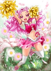 Rule 34 | 10s, 1girl, :d, bow, cone hair bun, cure yell, double bun, flower, full body, hair bun, hair flower, hair ornament, hair ribbon, happy, heart, heart hair ornament, highres, hugtto! precure, layered skirt, lewis mclaren, long hair, looking at viewer, magical girl, midriff, nono hana, open mouth, panties, petals, pink eyes, pink footwear, pink hair, pink panties, pink shirt, pink skirt, pom pom (cheerleading), precure, red ribbon, ribbon, shiny skin, shirt, shoes, skirt, sleeveless, sleeveless shirt, smile, solo, thighhighs, underwear, white bow, white thighhighs