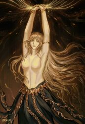 Rule 34 | 1girl, armlet, artist name, bare shoulders, black robe, blonde hair, bracelet, breasts, cleavage, commentary, elden ring, elden ring: shadow of the erdtree, english commentary, gold armlet, gold belt, gold bracelet, highres, holding, jewelry, long hair, looking at viewer, queen, queen marika the eternal, rashuu, robe, solo, topless, very long hair, yellow eyes