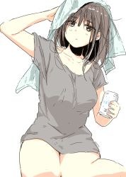 Rule 34 | 1girl, beer can, bottomless, breasts, brown hair, can, drink can, drying, drying hair, highres, large breasts, looking at viewer, matsuda hikari, naked shirt, nikotamu, original, shirt, simple background, solo, t-shirt, towel, white background