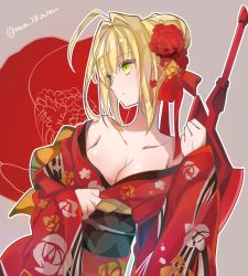 Rule 34 | 10s, 1girl, aestus estus, ahoge, bare shoulders, blonde hair, breasts, cleavage, fate/extra, fate (series), flower, green eyes, hair flower, hair intakes, hair ornament, holding, holding sword, holding weapon, japanese clothes, kimono, mom 29 mom, nero claudius (fate), nero claudius (fate) (all), nero claudius (fate/extra), off shoulder, purple background, sash, simple background, solo, sword, twitter username, weapon