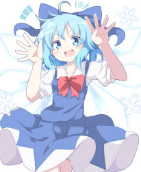 Rule 34 | 1girl, blue bow, blue dress, blue eyes, blue hair, bow, bowtie, circled 9, cirno, collar, do (4-rt), dress, eyes visible through hair, hair between eyes, hands up, highres, ice, ice wings, looking at viewer, open mouth, puffy short sleeves, puffy sleeves, red bow, red bowtie, shirt, short hair, short sleeves, simple background, smile, snowflakes, solo, standing, touhou, white background, white shirt, wings