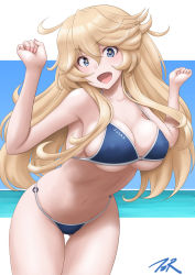 Rule 34 | 1girl, artist name, bikini, blonde hair, blue bikini, blue eyes, blue sky, breasts, cloud, collarbone, commentary request, cowboy shot, gluteal fold, halterneck, highres, horizon, iowa (kancolle), kantai collection, large breasts, looking at viewer, ocean, open mouth, sky, solo, star-shaped pupils, star (symbol), string bikini, swimsuit, symbol-shaped pupils, t2r, thigh gap