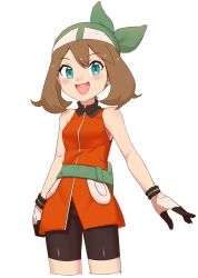 Rule 34 | 1girl, :d, aqua eyes, bag, bandana, bare arms, bare shoulders, bike shorts, blush, brown hair, collared shirt, creatures (company), fanny pack, female focus, game freak, gloves, green bag, green bandanna, happy, highres, looking at viewer, may (pokemon), may (pokemon emerald), multicolored clothes, multicolored gloves, nintendo, nyonn24, open mouth, orange shirt, pokemon, pokemon (anime), pokemon rse, shirt, short hair, simple background, sleeveless, sleeveless shirt, smile, solo, standing, white background, zipper