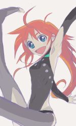 Rule 34 | 1girl, :d, ahoge, antenna hair, aqua eyes, artist request, breasts, chaps, covered navel, eyebrows, flip flappers, hair between eyes, leotard, long hair, looking at viewer, open mouth, orange hair, papika (flip flappers), silver background, simple background, small breasts, smile, solo, source request, toeless legwear, toes