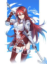 Rule 34 | 1girl, armor, armored dress, belt, belt buckle, breastplate, buckle, character name, closed mouth, commentary, cordelia (fire emblem), crossed belts, dress, fire emblem, fire emblem awakening, garter straps, gauntlets, hair between eyes, hair ornament, highres, holding, holding polearm, holding weapon, long hair, nintendo, pink belt, polearm, red dress, red eyes, red hair, shoulder armor, silvercandy gum, smile, solo, spear, very long hair, weapon, wing hair ornament