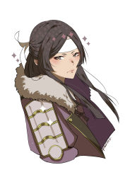 Rule 34 | 10s, 1girl, 2016, armor, black hair, bluleaves, blush, commentary, dated, fire emblem, fire emblem awakening, fur trim, grey eyes, headband, highres, hime cut, japanese clothes, long hair, looking at viewer, nintendo, say&#039;ri (fire emblem), signature, simple background, solo, star-shaped pupils, star (symbol), symbol-shaped pupils, upper body, white background
