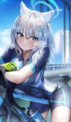 Rule 34 | 1girl, absurdres, animal ear fluff, animal ears, bad id, bad pixiv id, black shorts, blue archive, blue eyes, blue sky, blurry, blurry background, blush, bodysuit, bottle, breasts, cat ears, closed mouth, day, depth of field, gloves, hair between eyes, hair ornament, hairclip, halo, highres, jacket, long sleeves, looking at viewer, medium breasts, medium hair, open clothes, open jacket, shiroko (blue archive), shiroko (cycling) (blue archive), shorts, silver hair, sky, smile, solo, sweat, tail, thighs, water bottle, yerim