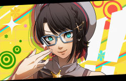 Rule 34 | !, !!, 1girl, aqua eyes, beret, black-framed eyewear, black hair, commentary request, glasses, hair ornament, hairclip, hat, hololive, looking at viewer, oozora subaru, oozora subaru (work), parody, persona, persona 4, portrait, shirt, short hair, smile, solo, sparkle, striped clothes, striped shirt, style parody, takami masahiro, vertical-striped clothes, vertical-striped shirt, virtual youtuber