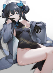 Rule 34 | 1girl, absurdres, ahoge, bare legs, bare shoulders, black dress, black gloves, black hair, blue archive, blue eyes, blush, bow, breasts, china dress, chinese clothes, closed mouth, double bun, dress, elbow gloves, gloves, hair between eyes, hair bow, hair bun, hair ornament, hat, highres, katachi noboru nishikino, kisaki (blue archive), long hair, long sleeves, looking at viewer, side slit, sitting, sleeveless, small breasts, solo, thighs, white background