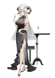 Rule 34 | 1girl, absurdres, bare arms, bare shoulders, black dress, breasts, champagne flute, chinese commentary, commentary request, commission, crossed legs, cup, dress, drinking glass, full body, hand up, high heels, highres, holding, holding cup, horns, large breasts, long hair, luozhou pile, original, pixiv commission, pointy ears, side slit, silver hair, simple background, sleeveless, sleeveless dress, solo, standing, very long hair, watson cross, white background, yellow eyes