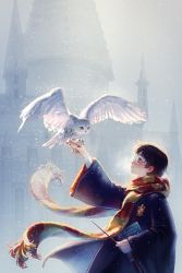 Rule 34 | 1boy, absurdres, animal, bird, bird on hand, black coat, black robe, blush, book, breath, brown hair, castle, coat, cold, day, ear blush, emblem, floating clothes, floating scarf, glasses, green eyes, grey eyes, gryffindor, hand up, harry potter, harry potter (series), harry potter and the philosopher&#039;s stone, hedwig, highres, hogwarts school uniform, holding, holding wand, landing, long sleeves, looking at animal, looking away, male focus, nose blush, outdoors, outstretched arm, overcast, owl, profile, robe, scarf, school uniform, short hair, sky, skye wei, smile, snowing, striped clothes, striped scarf, upper body, wand, wide sleeves, wind, winter, wizarding world