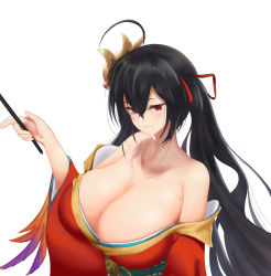 Rule 34 | 1girl, ahoge, azur lane, bare shoulders, blush, breasts, cleavage, closed mouth, collarbone, commentary request, crossed bangs, feather-trimmed sleeves, hair between eyes, hair ribbon, half-closed eyes, hand fan, hand up, highres, holding, holding fan, huge breasts, japanese clothes, kimono, long hair, long sleeves, looking at viewer, mask, mask on head, nurun nuruntius, off shoulder, red eyes, red kimono, red ribbon, ribbon, simple background, smile, solo, taihou (azur lane), twintails, veins, veiny breasts, very long hair, white background, wide sleeves
