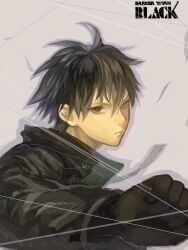 Rule 34 | 1boy, bad drawr id, bad id, black coat, black gloves, black hair, closed mouth, coat, copyright name, darker than black, frown, gloves, grey background, hei (darker than black), kima, long sleeves, looking at viewer, male focus, oekaki, outline, red eyes, short hair, simple background, solo, upper body, white background