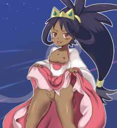 Rule 34 | blush, breasts, cleft of venus, clothes lift, creatures (company), crown, dark skin, game freak, iris (pokemon), looking at viewer, nintendo, pokemon, pussy, red eyes, refuto, skirt, skirt lift, small breasts, tongue, tongue out, uncensored