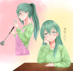 Rule 34 | 10s, 1girl, alternate costume, apron, blowing, blush, head rest, cooking, earrings, from side, green eyes, green hair, green sweater, hair ornament, hairclip, irohakaede, jewelry, kantai collection, ladle, lips, long hair, looking at viewer, ponytail, ring, smile, solo, suzuya (kancolle), sweater, table, translated, wedding band