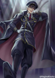 Rule 34 | 1boy, artist name, belt, black footwear, black legwear, black pants, blood, blood on face, blurry, blurry background, cape, commentary request, commission, from below, full body, gloves, gold trim, hagino kouta, hair between eyes, hand on own hip, hat, highres, long sleeves, looking at viewer, looking down, male focus, military, military hat, military uniform, necktie, on shoulder, open mouth, original, pants, red necktie, skeb commission, solo, teeth, tongue, tongue out, twitter username, uniform, upper teeth only, v-shaped eyebrows, white gloves
