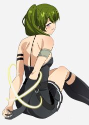 Rule 34 | 1girl, armband, arms behind back, black armband, black dress, black footwear, black gloves, boots, commentary request, dress, from behind, gloves, green hair, highres, jitome, long hair, magic, parted lips, pleated dress, purple eyes, sakura 1110ssmm, side ponytail, simple background, single glove, sitting, solo, sousou no frieren, ubel (sousou no frieren), white background