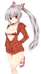 Rule 34 | 1girl, bare legs, bikini, bikini top only, blush, bow, breasts, cleavage, collarbone, fujiwara no mokou, hair bow, hands in pockets, highres, hood, hoodie, leg up, long hair, looking at viewer, maturiuta sorato, nail polish, open clothes, ponytail, red eyes, sandals, silver hair, simple background, solo, standing, swimsuit, toenail polish, toenails, touhou, very long hair, white background, white bikini, zipper