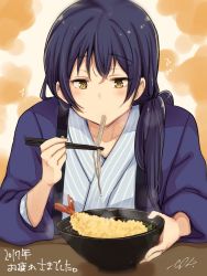 Rule 34 | 1girl, blue hair, blush, bowl, chopsticks, commentary request, eating, food, hair between eyes, highres, holding, holding chopsticks, indo curry, japanese clothes, kimono, long hair, love live!, love live! school idol project, noodles, simple background, sitting, solo, sonoda umi, striped, table, yellow eyes