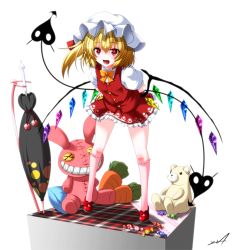 Rule 34 | 1girl, arms behind back, bad id, bad pixiv id, bent over, blonde hair, bow, candy, carrot, closed umbrella, fang, flandre scarlet, food, haru-yua, hat, hat ribbon, kneehighs, laevatein, looking at viewer, mob cap, open mouth, pink socks, puffy sleeves, red eyes, red footwear, ribbon, shirt, shoes, short sleeves, side ponytail, skirt, skirt set, smile, socks, solo, stuffed animal, stuffed rabbit, stuffed toy, teddy bear, touhou, umbrella, vest, wings, yua (checkmate)