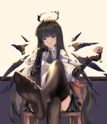 Rule 34 | 1girl, absurdres, alcohol, antenna hair, arknights, arm rest, ascot, backlighting, belt, belt buckle, black ascot, black eyes, black garter straps, black gloves, black hair, black halo, black skirt, black sleeves, black thighhighs, black wings, blunt bangs, breasts, bright pupils, broken halo, buckle, chair, chinese commentary, collared jacket, colored inner hair, commentary request, crossed legs, cup, dark halo, detached wings, drink, drinking glass, energy wings, feet, foot focus, foot out of frame, foot up, foreshortening, garter straps, glass, gloves, grey hair, halo, hand on own cheek, hand on own face, hands up, head rest, highres, hime cut, holding, holding cup, holding drink, jacket, layered sleeves, legs, long hair, long sleeves, looking at viewer, miniskirt, mole, mole under eye, multicolored hair, no shoes, on chair, parted lips, pleated skirt, presenting, presenting foot, red curtains, see-through, see-through thighhighs, sepia background, shade, short over long sleeves, short-sleeved jacket, short sleeves, sidelocks, simple background, sitting, skirt, small breasts, smile, smirk, soles, solo, teeth, thighhighs, thighs, toes, two-tone hair, variant set, very long hair, virtuosa (arknights), white belt, white jacket, white pupils, wide sleeves, window, wine, wine glass, wing collar, wings, ying wei jin inexistenec, zettai ryouiki