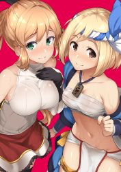 Rule 34 | 10s, 2girls, 3:, batsu, black gloves, black legwear, blush, bracer, breasts, brown eyes, brown hair, clarisse (granblue fantasy), closed mouth, collarbone, djeeta (granblue fantasy), gloves, granblue fantasy, green eyes, halterneck, hand on own chest, highres, jewelry, large breasts, long hair, looking at viewer, medium breasts, midriff, multiple girls, navel, necklace, off shoulder, pelvic curtain, purple background, red skirt, ribbed sweater, sarashi, shirt, short hair, sidelocks, simple background, skirt, sleeveless, sleeveless shirt, smile, sweat, sweater, thighhighs, thighs, turtleneck, very long hair