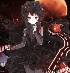 Rule 34 | 10s, 1girl, abyssal ship, black hair, chibirisu, dress, gothic lolita, isolated island oni, kantai collection, lolita fashion, long hair, looking at viewer, pale skin, pantyhose, red eyes, runway, solo