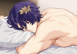 Rule 34 | 1boy, blue hair, closed eyes, closed mouth, dr. ratio (honkai: star rail), hair between eyes, hair ornament, highres, honkai: star rail, honkai (series), male focus, meat7955, nude, on bed, pillow, short hair, sleeping, solo, toned, toned male