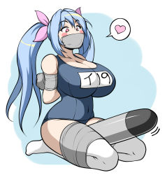 Rule 34 | 10s, 1girl, arms behind back, bdsm, between legs, blue hair, blush stickers, bondage, bound, bound arms, bound legs, breasts, cleavage, cloth gag, frogtie, gag, gagged, hair ribbon, heart, highres, huge breasts, i-19 (kancolle), improvised gag, jam-orbital, kantai collection, long hair, one-piece swimsuit, over the nose gag, phallic symbol, pink eyes, ribbon, school swimsuit, simple background, solo, spoken heart, swimsuit, tape, tape bondage, tape gag, taped hands, thighhighs, torpedo, twintails