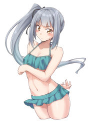 Rule 34 | 1girl, bare shoulders, bikini, bikini skirt, black ribbon, blush, breasts, brown eyes, cleavage, collarbone, commentary request, cropped legs, green bikini, grey hair, hair ribbon, halterneck, highres, kantai collection, kasumi (kancolle), long hair, looking at viewer, mikagami sou, navel, ribbon, side ponytail, simple background, small breasts, solo, swimsuit, white background
