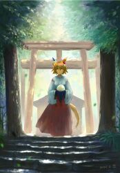 Rule 34 | + +, 1girl, absurdres, animal ears, breasts, closed mouth, clover hair ornament, crystal ball, dated, forest, hair ornament, hakama, highres, horse ears, horse girl, horse tail, inuyama tarou, japanese clothes, kimono, long sleeves, looking at viewer, matikanefukukitaru (umamusume), miko, nature, orange hair, outdoors, red hakama, short hair, signature, small breasts, smile, solo, stairs, standing, tail, torii, tree, umamusume, white kimono, wide sleeves, yellow eyes