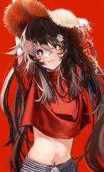 Rule 34 | 1boy, blush, brown hair, flower-shaped pupils, genshin impact, hair ornament, hat, highres, hu tao (genshin impact), long hair, looking at viewer, navel, red background, red eyes, seventime 7, symbol-shaped pupils