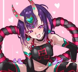 Rule 34 | 1girl, absurdres, bare shoulders, black fundoshi, black thighhighs, blush, breasts, chinese clothes, collarbone, detached sleeves, dudou, earrings, ebora, eyeliner, fate/grand order, fate (series), forehead jewel, fundoshi, highres, horns, japanese clothes, jewelry, looking at viewer, low twintails, makeup, navel, oni, open mouth, pointy ears, purple eyes, purple hair, short hair, short twintails, shuten douji (fate), shuten douji (fate/grand order), shuten douji (halloween caster) (fate), skin-covered horns, small breasts, smile, solo, squatting, thighhighs, twintails