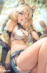 1girl ;o animal_ears aqua_eyes bare_shoulders blonde_hair bracelet breasts cleavage commentary_request genshin_impact green_eyes highres jaguar_ears jaguar_tail jewelry large_breasts lipstick long_hair looking_at_viewer makeup moguta_(moguta9) navel off_shoulder one_eye_closed open_mouth outdoors short_shorts shorts sitting solo stomach tail thighs vision_(genshin_impact) xilonen_(genshin_impact)